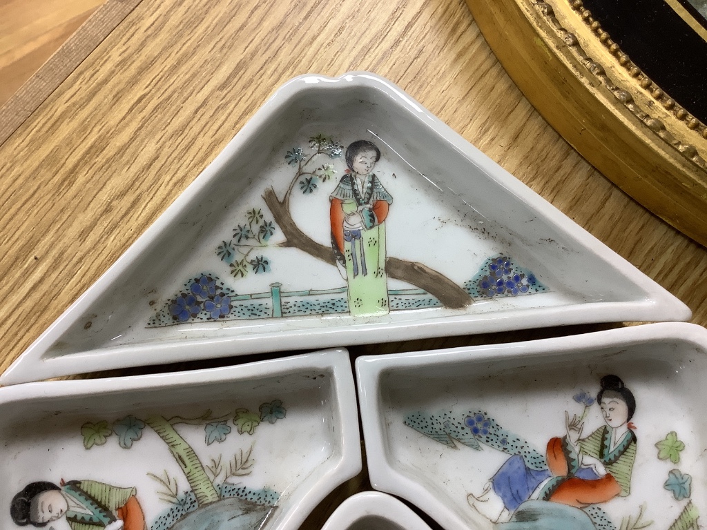 A Chinese famille rose nine piece supper set